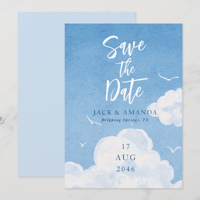 Blue Sky Watercolor Wedding Enregistrer les cartes (Devant / Derrière)