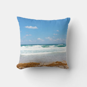 Blue Sky Waves Crashing Shoreline View Throw Pillow