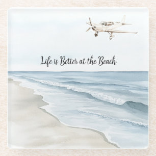 Blue Sky White Airplane Beach Ocean Coast Glass Coaster