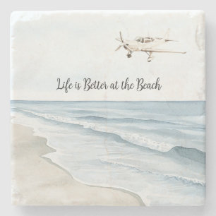 Blue Sky White Airplane Beach Ocean Coast Stone Coaster