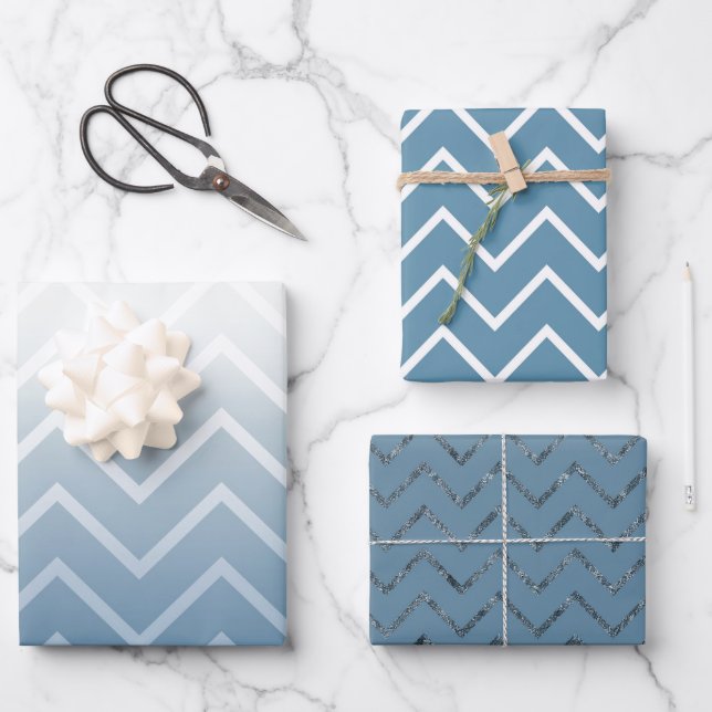 Blue Sky White Chevron Wrapping Paper Sheet (Front)