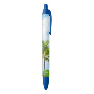 Blue Sky White Clouds Green Palms Trendy Nature Blue Ink Pen
