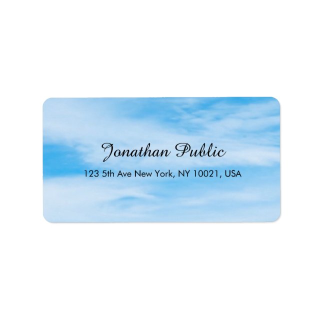Blue Sky White Clouds Modern Elegant Handwritten Label (Front)