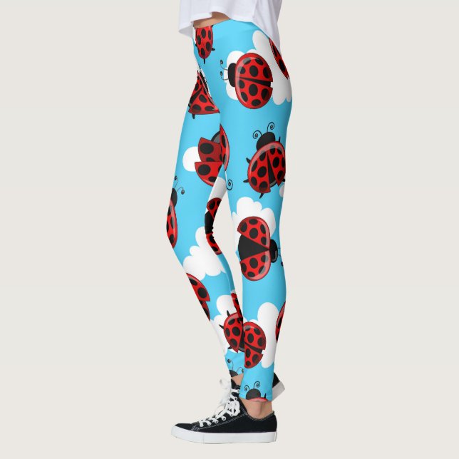 Blue Sky White Clouds Red Ladybug Beetle Leggings (Left)