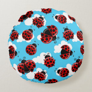 Blue Sky White Clouds Red Ladybug Beetle Round Pillow