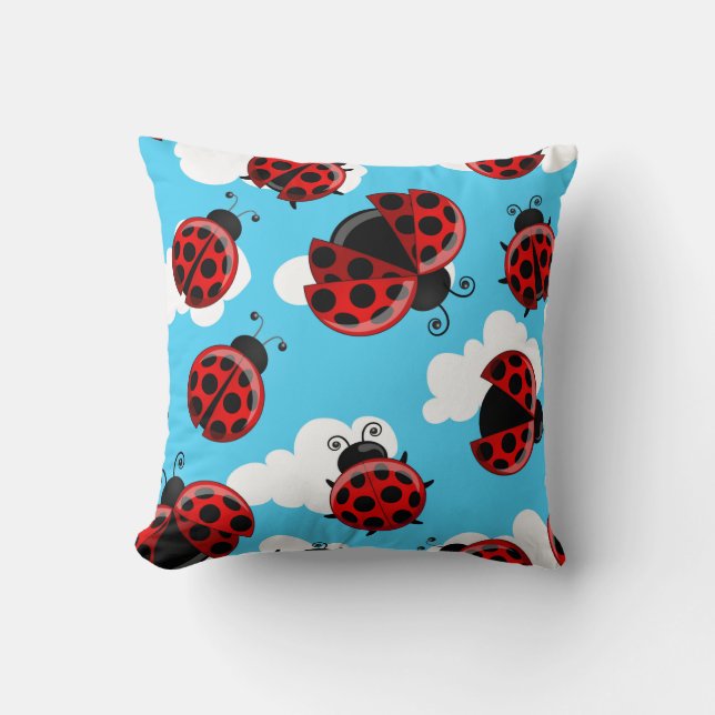 Blue Sky White Clouds Red Ladybug Beetle Throw Pillow (Front)