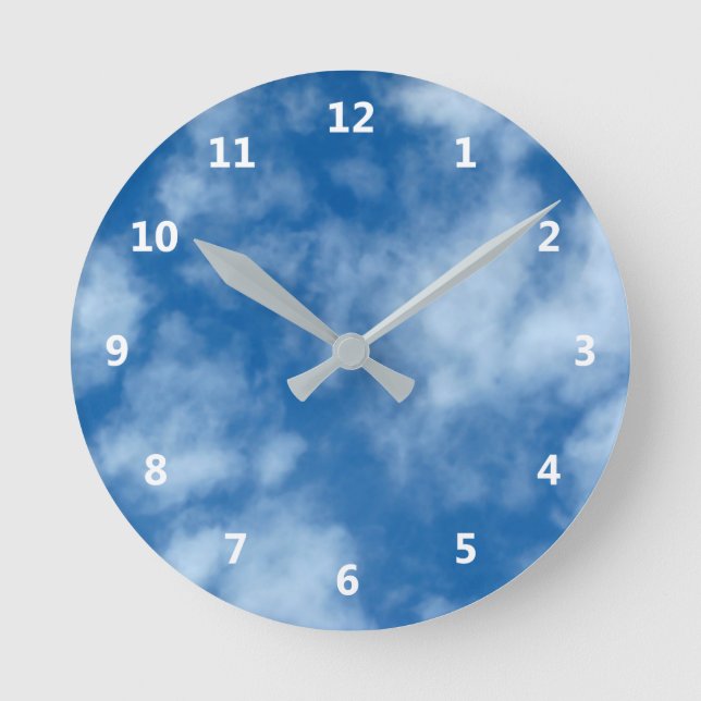 Blue Sky with Clouds Photo and White Numbers Round Clock (Front)