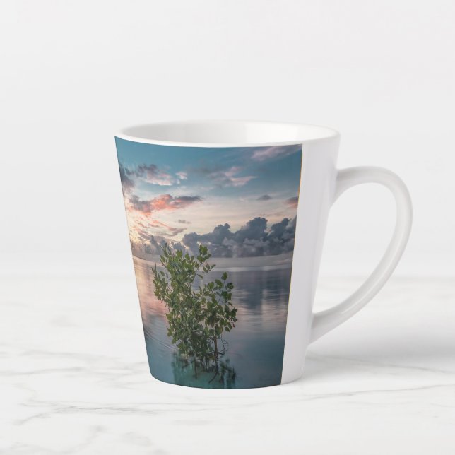blue sky with red and dark clouds reflected on sea latte mug (Right)