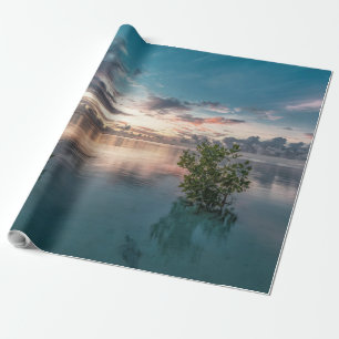 blue sky with red and dark clouds reflected on sea wrapping paper