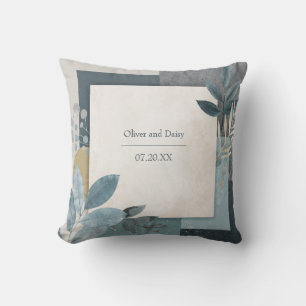 Blue Slate Geometric Botanical Gold Accent Throw Pillow