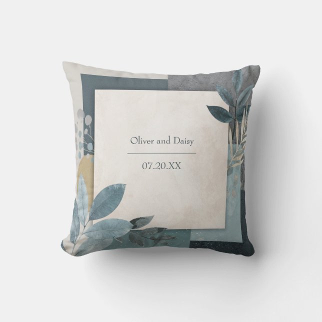 Blue Slate Geometric Botanical Gold Accent Throw Pillow (Front)