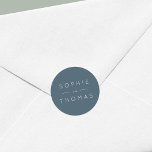 Blue Slate Wedding Classic Round Sticker<br><div class="desc">This wedding sticker features the names of the wedding couple in white against a blue slate colour back side. Check out the matching wedding items here https://www.zazzle.com/collections/sage_layered_geometric_blue_slate_wedding-119021046856867346?rf=238364477188679314&tc=rc Personalize it by replacing the placeholder text. For more options such as to change the font, it's size and spacing between letters click the...</div>