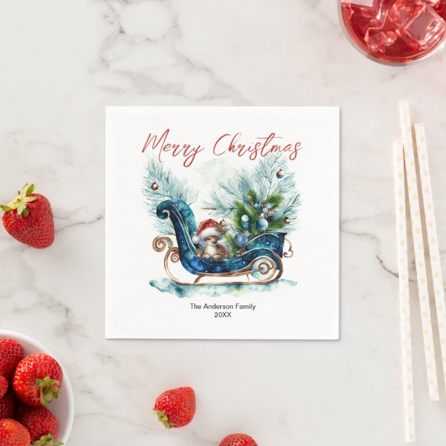 Blue Sled Baby Reindeer Christmas Napkin (Insitu)