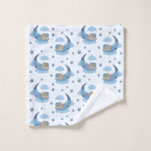 Blue Sleeping Baby Bear On Moon Clouds & Stars Wash Cloth