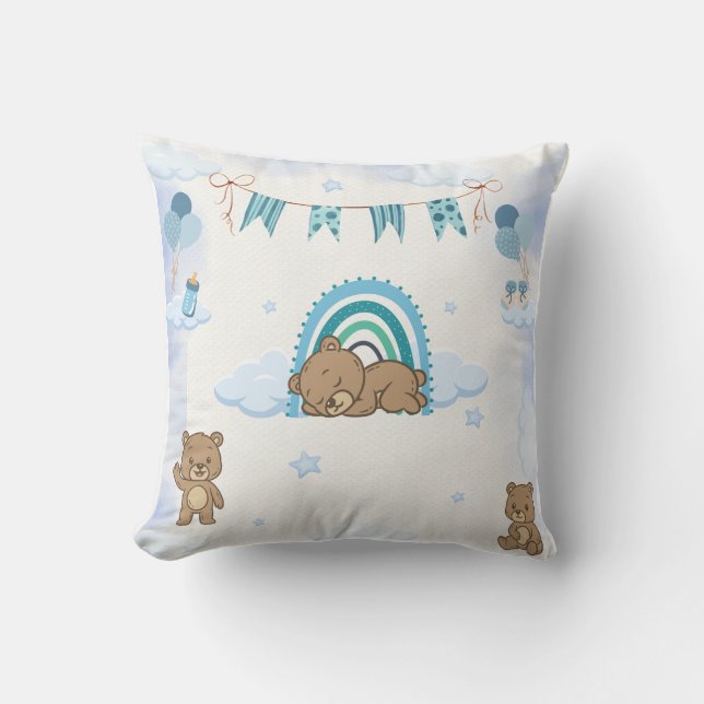 Blue Sleeping Teddy Bear Nursery Throw Pillow (Front)