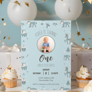 Blue Sleepy Little Woodland Critters Birthday Invitation