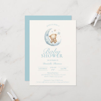 Blue Sleepy Teddy Bear Boy Baby Shower Invitation
