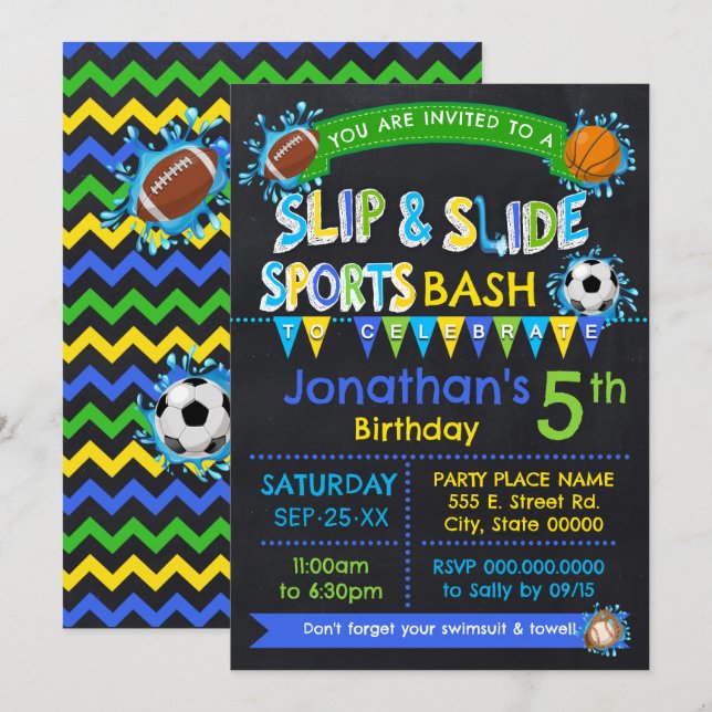 Blue Slip & Slide Sports Birthday Summer Party Invitation (Front/Back)