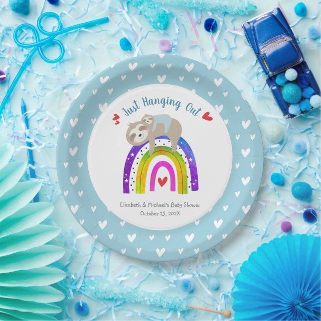Blue Sloths Boho Rainbow Modern Boy Baby Shower Paper Plate (Party)