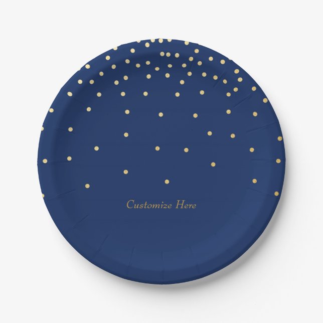 Blue & Small Gold Foil Confetti Dots Party Plates (Front)