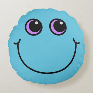 Blue Smiling Emoji Face Round Pillow