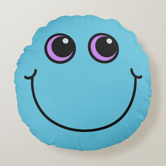 Blue Smiling Emoji Face Round Pillow (Front)
