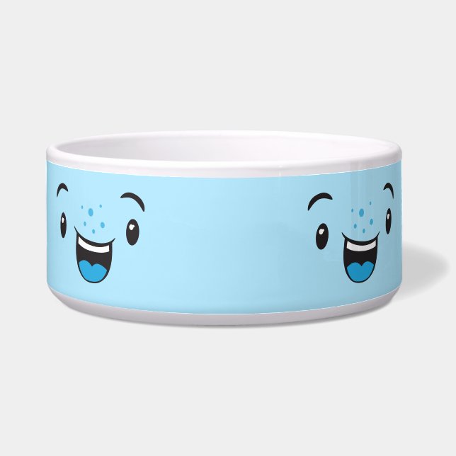 Blue Smiling Kawaii Face Dog Bowl (Front)