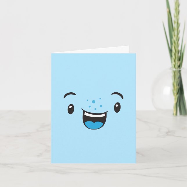 Blue Smiling Kawaii Face Note Card (Front)