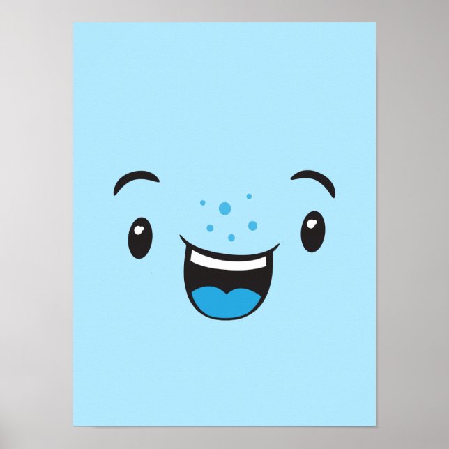 Blue Smiling Kawaii Face Poster Print (Front)