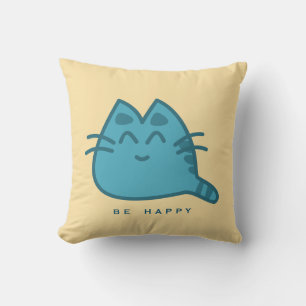 Blue Smiling Kitty Cat Throw Pillow