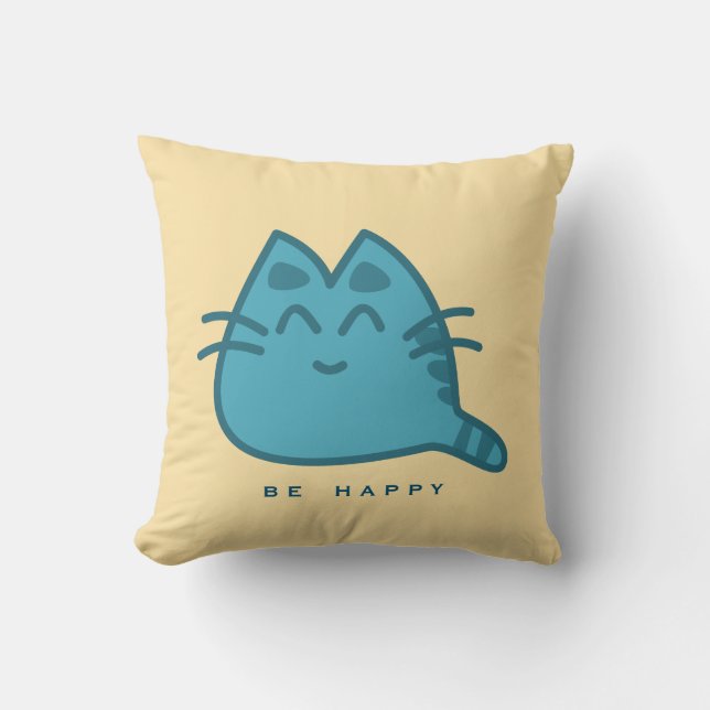 Blue Smiling Kitty Cat Throw Pillow (Front)