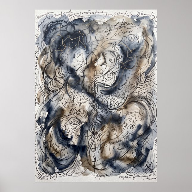 Blue Smoke Spirit Ink Drawing Poster (Front)