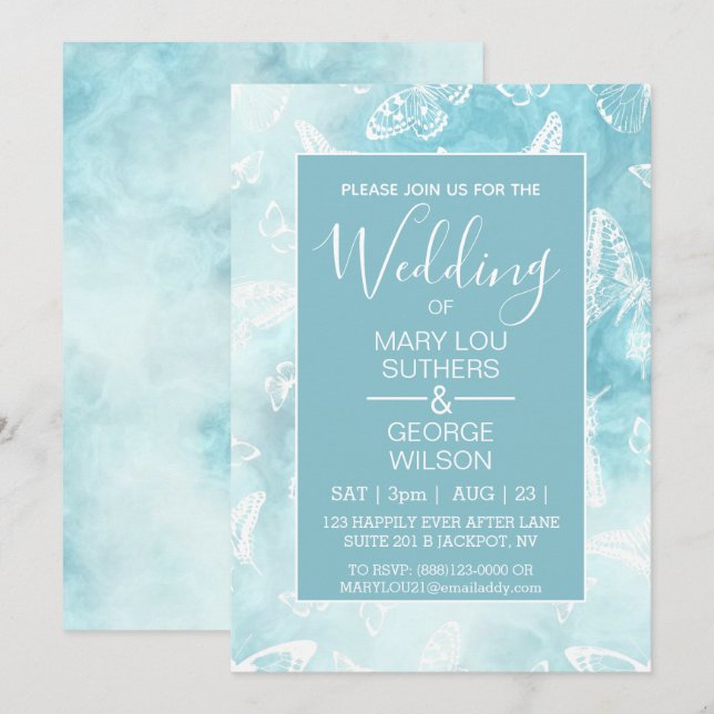Blue Smokey Marble Butterflies Wedding Invitation (Front/Back)
