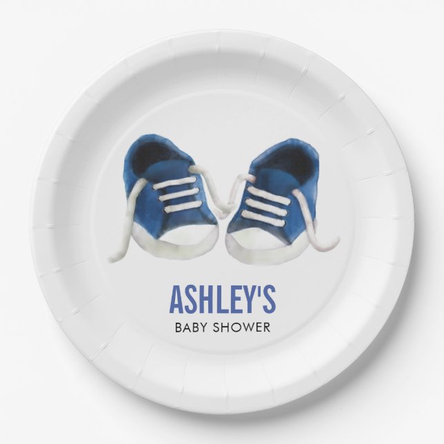 Blue Sneakers Baby Shower Paper Plates, Boy Shower Plate (Front)