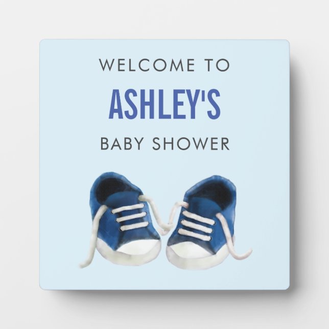 Blue Sneakers Baby Shower Welcome Sign Plaque (Front)