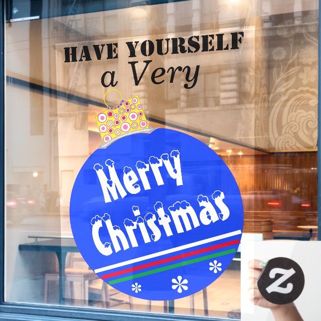 Blue Snow Capped Merry Christmas Ornament Window Cling (Cafe Window)