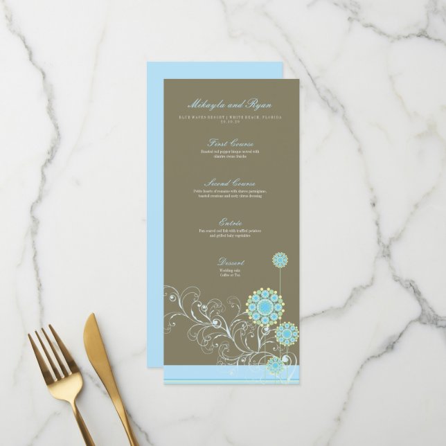 Blue Snow Flower Swirls Elegant Whimsical Wedding Menu (Front/Back In Situ)