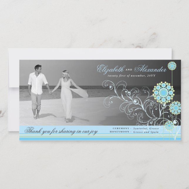 Blue Snow Flower Swirls Winter Wedding Thank You (Front)