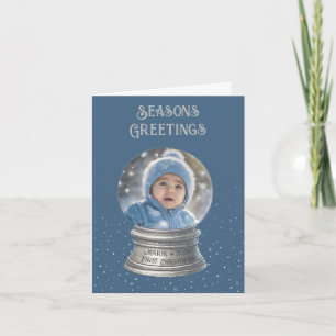 Blue Snow Globe Photo Flat Holiday Card