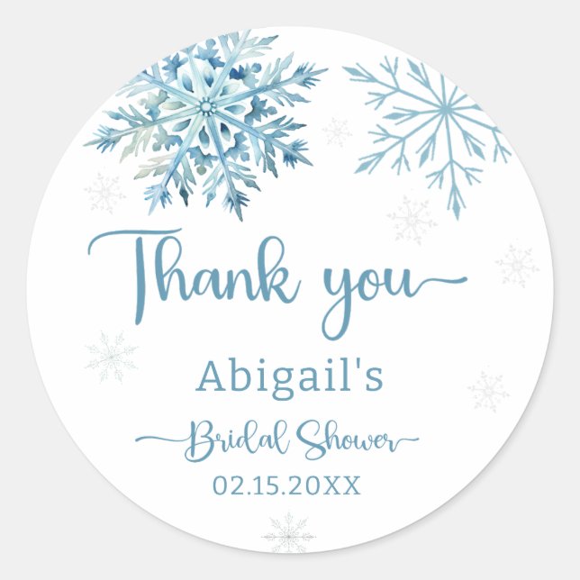 BLUE SNOW IN LOVE BRIDAL SHOWER CLASSIC ROUND STICKER (Front)