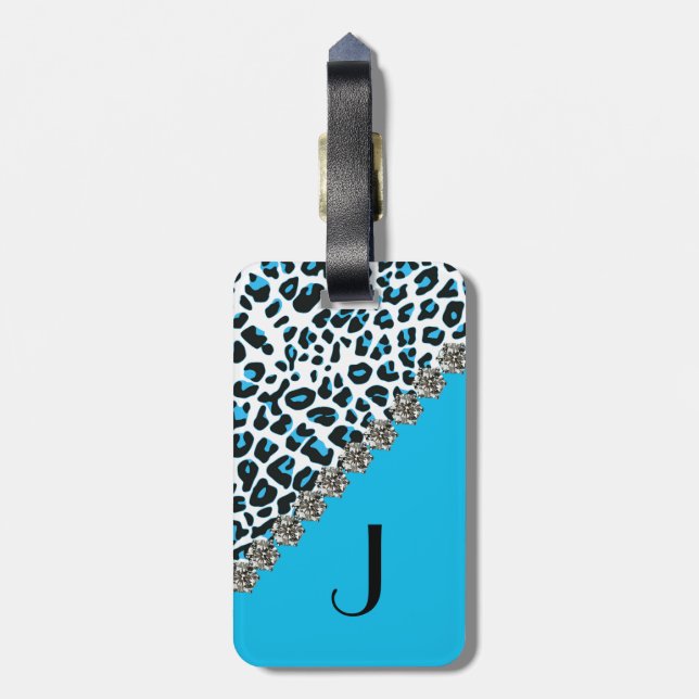Blue Snow Leopard Print Monogrammed Luggage Tag (Back Vertical)