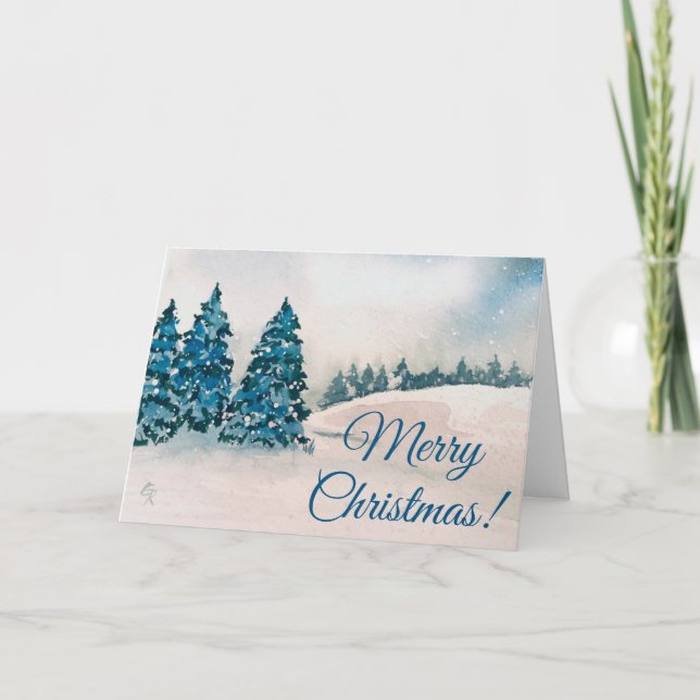Blue Snow Scene Christmas Card Greeting  (Front)