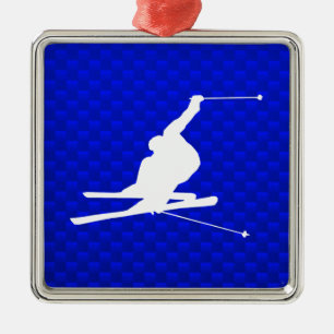 Blue Snow Skiing Metal Ornament