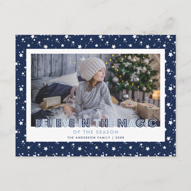 Blue Snow Stars Believe Photo Holiday Postcard (Front)