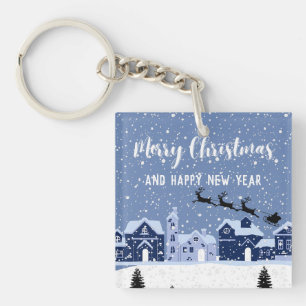 Blue snow with santa and reindeer holiday keychain