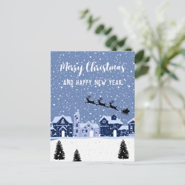 Blue snow with santa and reindeer holiday postcard (Standing Front)