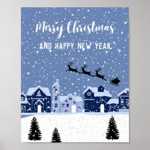 Blue snow with santa and reindeer holiday  poster