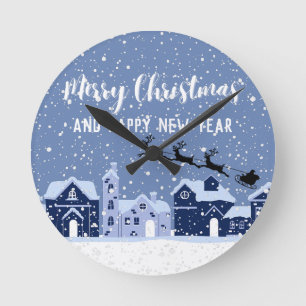 Blue snow with santa and reindeer holiday round clock