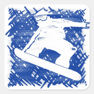 Blue snowboarder cross hatch art square sticker