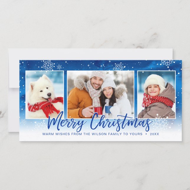 Blue Snowflake 3 Picture Merry Christmas Holiday Card (Front)
